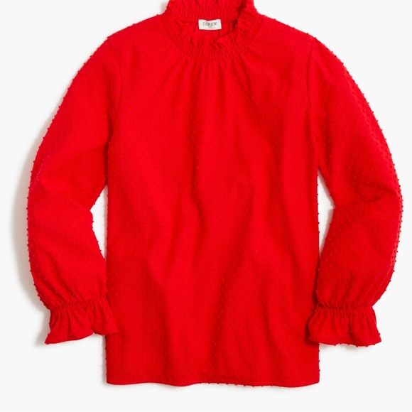 J.Crew new Long-sleeve clip-dot red ruffle neck top size Large BL214 - Picture 1 of 6